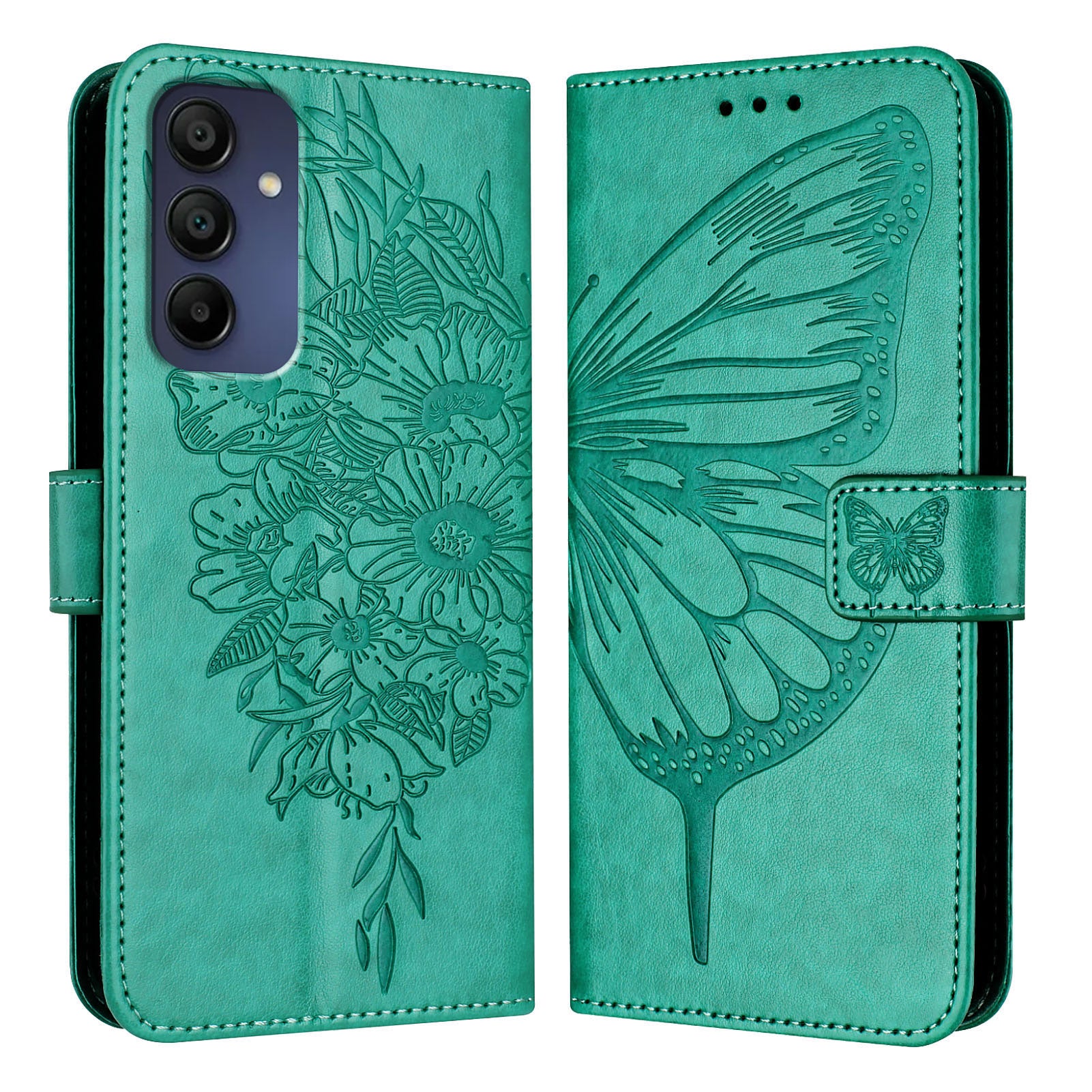 For Samsung Galaxy A16 5G / A16 4G Case YB Imprinting Series-4 Butterfly Flower Flip Wallet Leather Phone Cover - Green For Samsung Galaxy A16 5G / A16 4G Case YB Imprinting Series-4 Butterfly Flower Flip Wallet Leather Phone Cover - Green